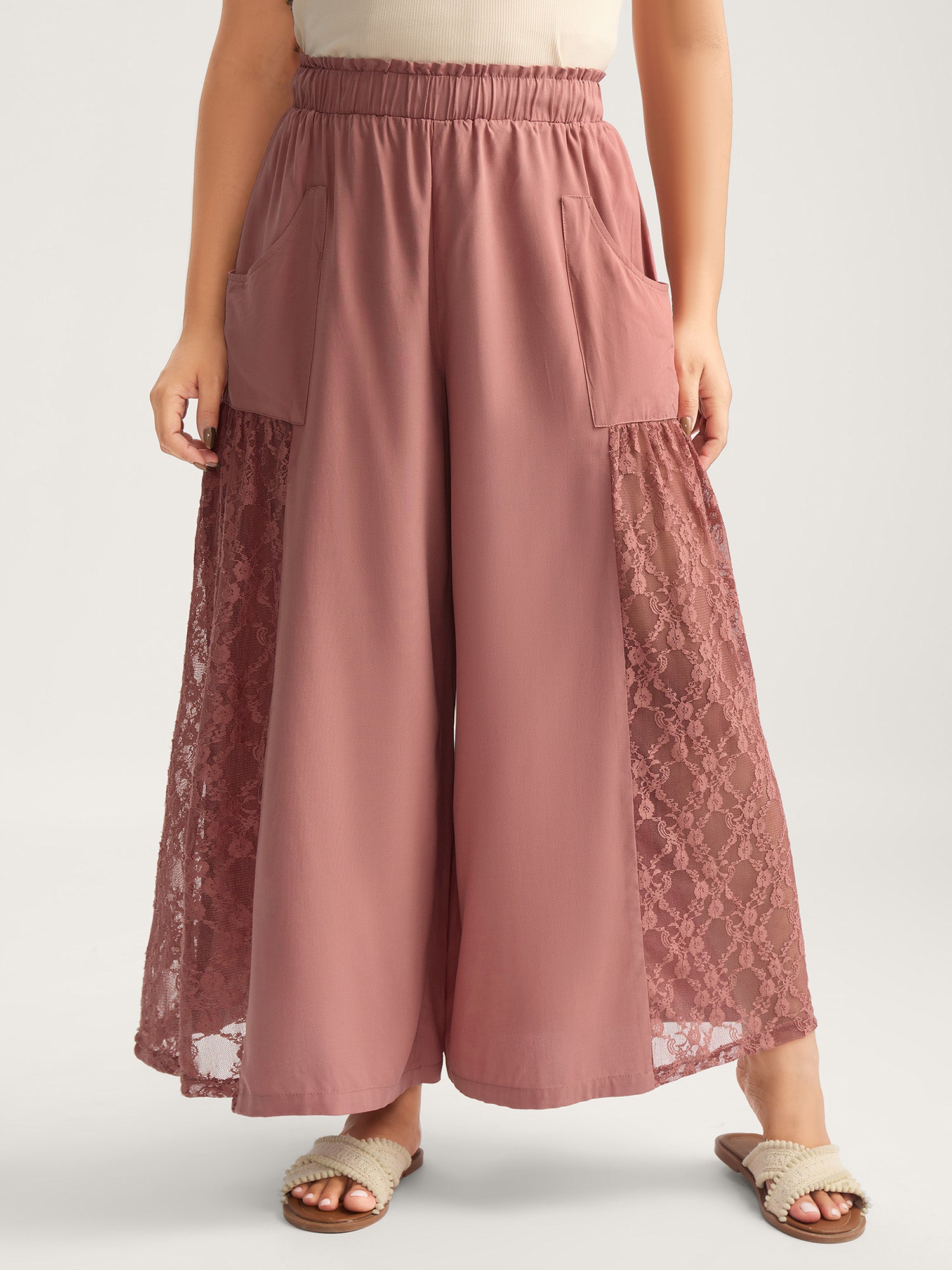 Lace Detail Stretchy Waist Wide-Leg Pants