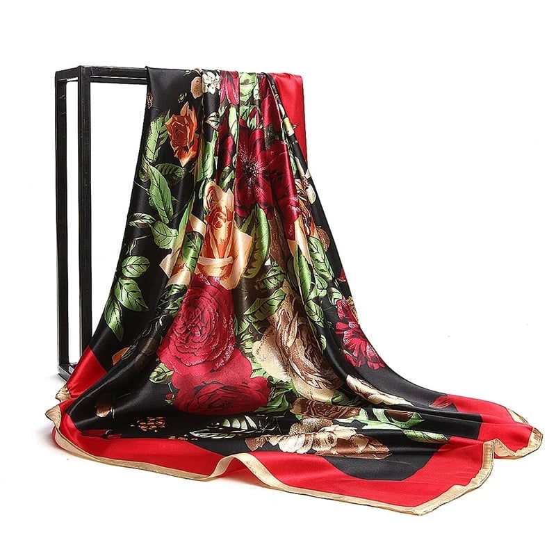 High Wo Silk Scarf Imitation Silk Satin 90cm Square Scarf Plant Flowers Fashion Scarf Women's Wish