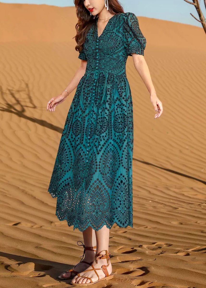 Elegant Blackish Green V Neck Hollow Out Cotton Dresses Summer