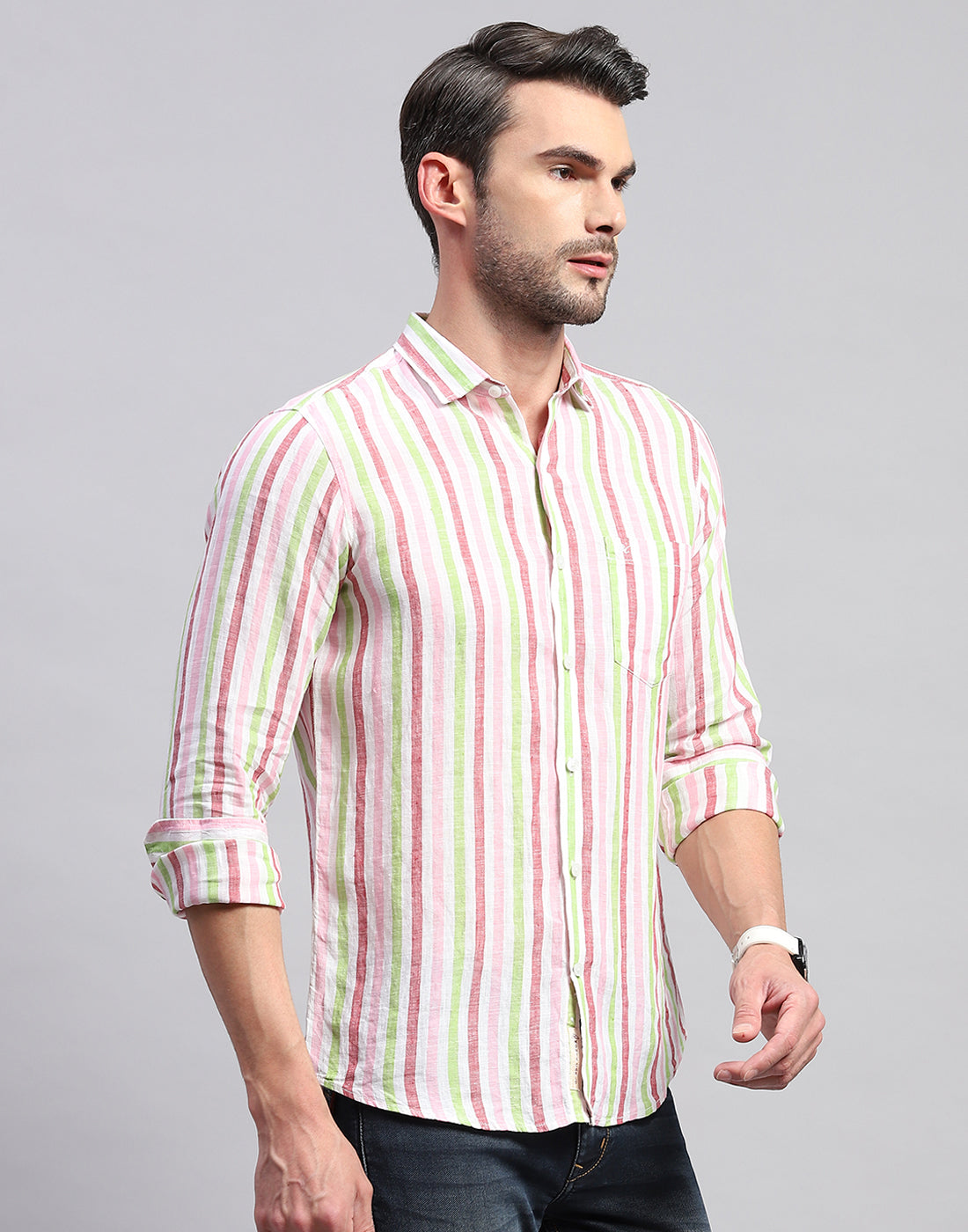 Men Red Stripe Collar Neck Full Sleeve Shirt