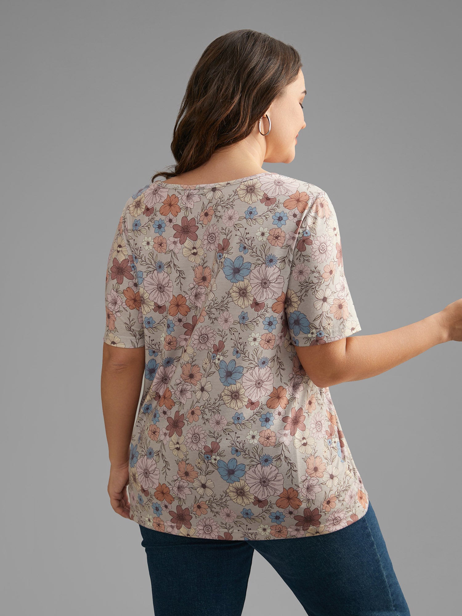 Crew Neck Floral Print Stretchy T-shirt