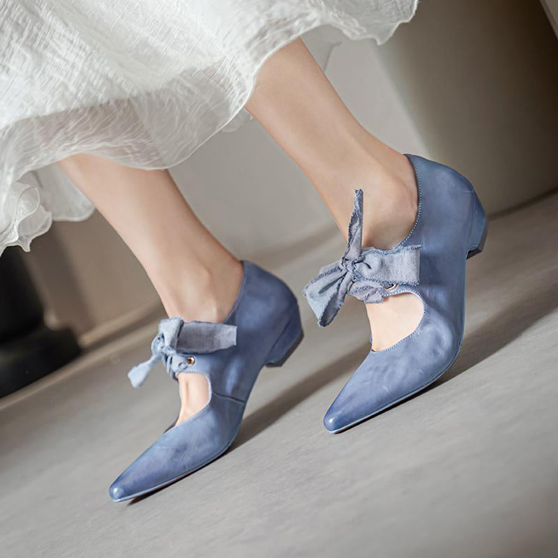 Horse Leather Retro Pointed Toe Ballet Flats Mary Jane Shoes with Bow-Tie Design Black/Blue/Yellow