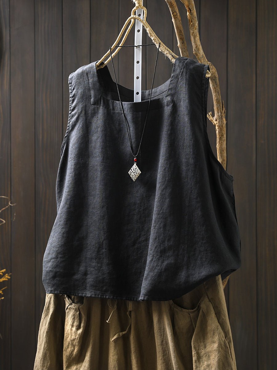 Plus Size Women Summer Vintage Pure Color Square Collar Linen Vest