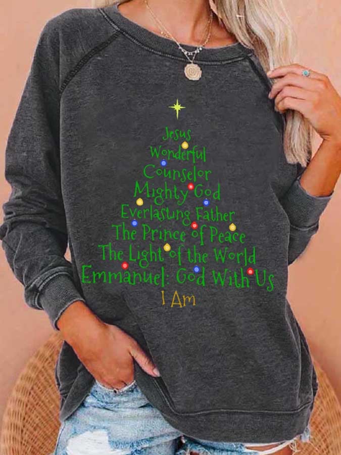 Women's Christmas Tree Jesus God Is With Us Print Casual Sweatshirt