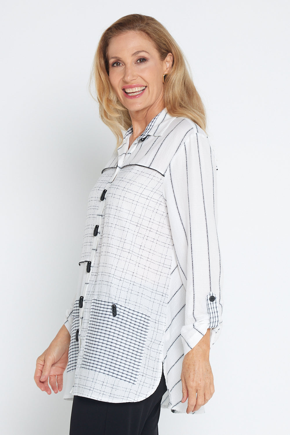 Sarah Splice Shirt - White/Cross Hatch