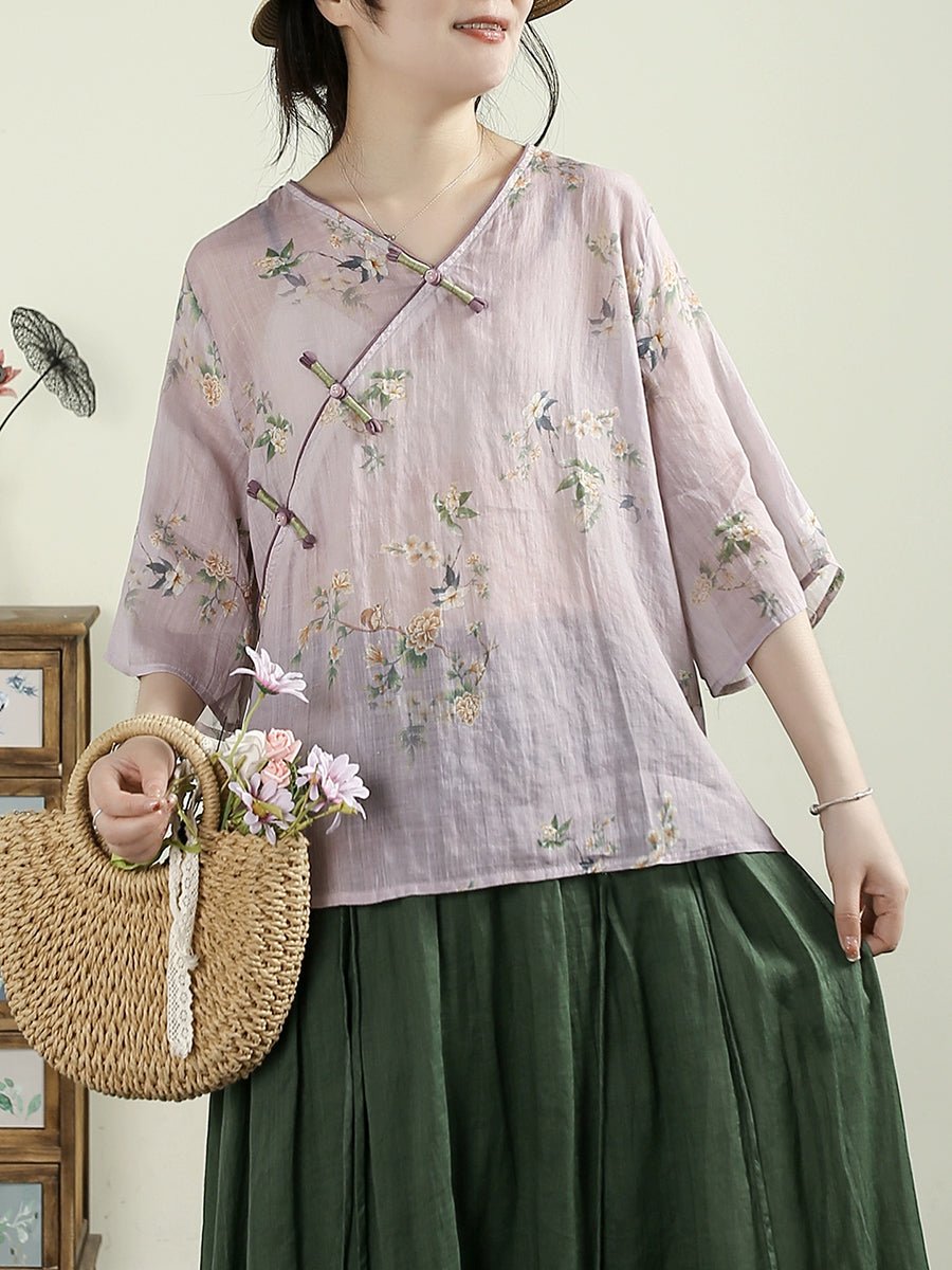 Women Summer Ethnic Flower V-Neck 100%Ramie Shirt