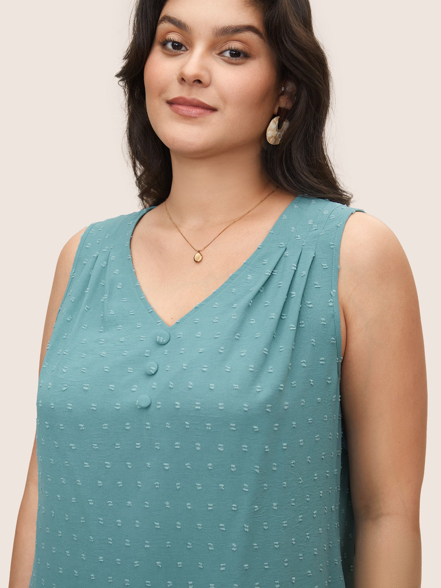 Jacquard Pleated Button Detail Tank Top