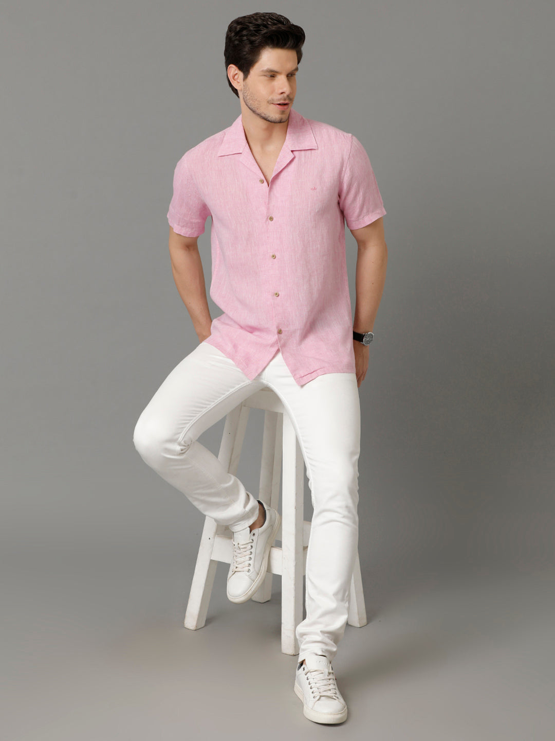 Mens Regular Fit Solid Pink Casual Linen Shirt (LUCA)