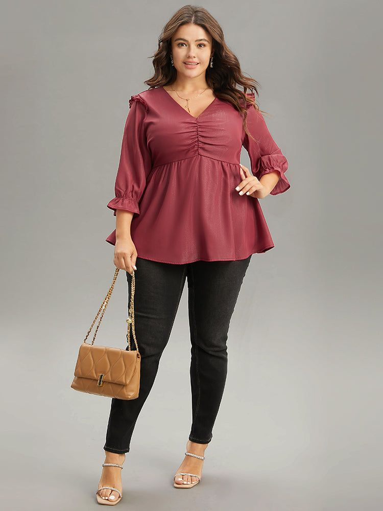 Solid Frill Trim Ruched Elastic Waist Blouse