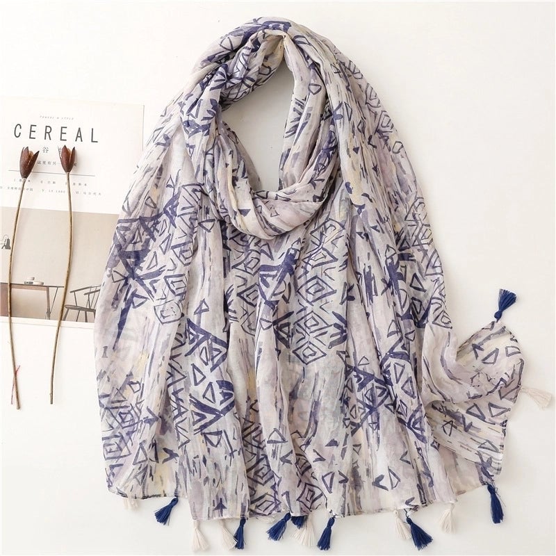 Yarn Cotton Fruit Green Bright Yellow Leaf Printing Tassel Scarf Shawl