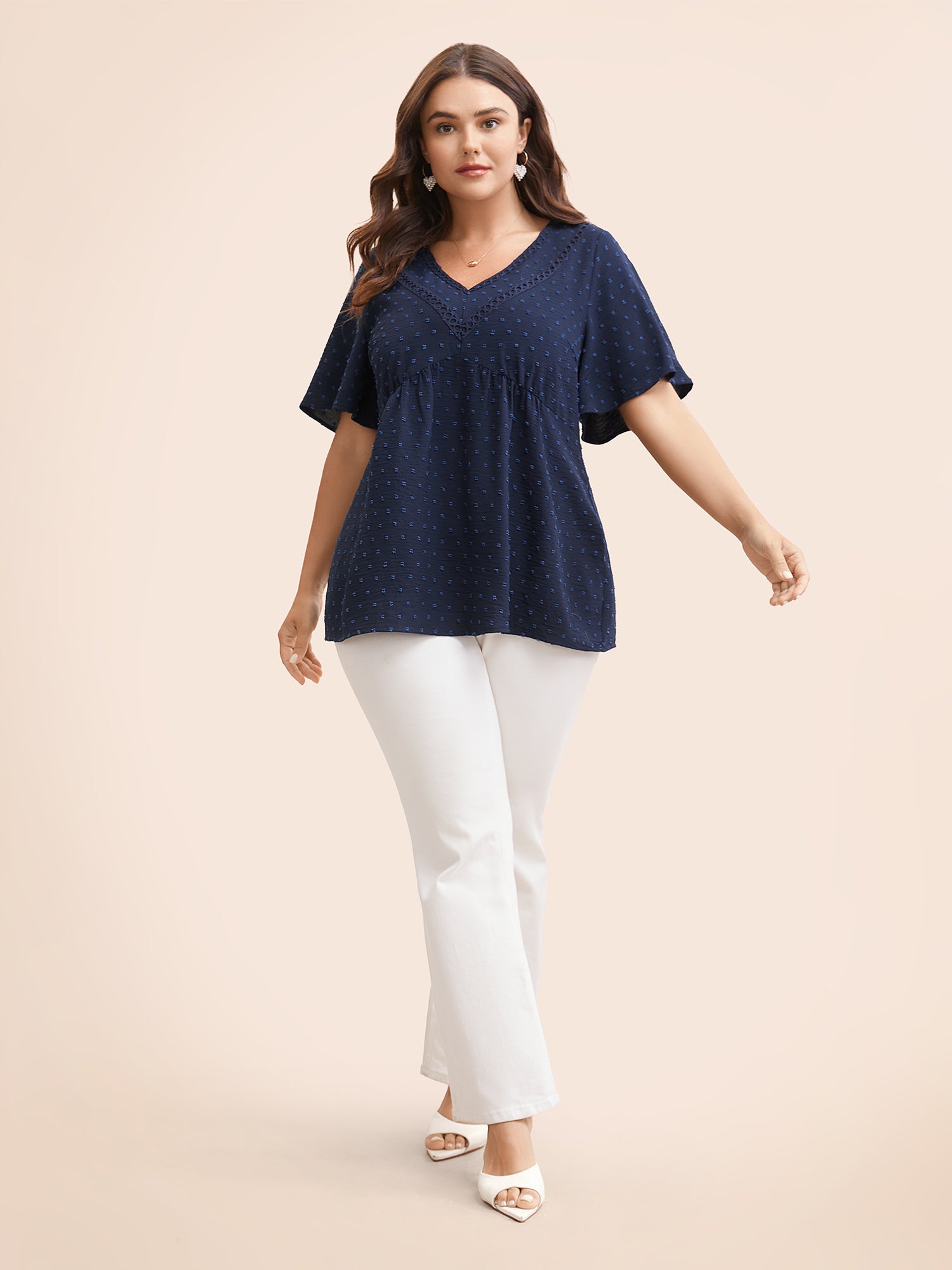 Polka Dot Frill Trim V Neck Flutter Blouse