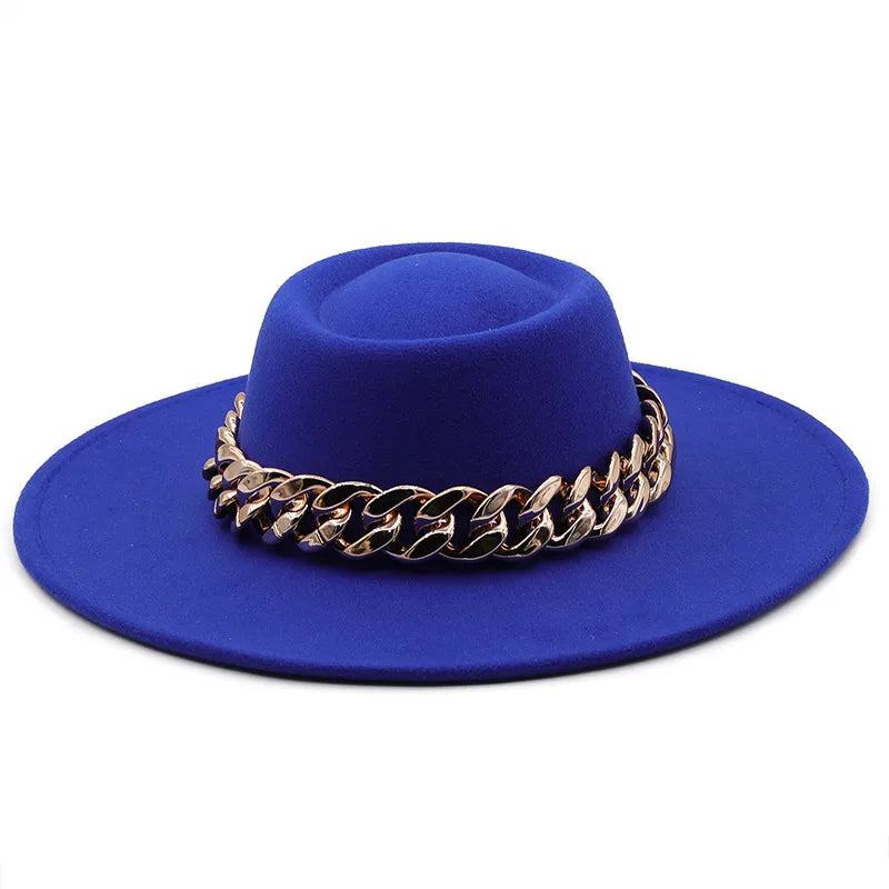 New Retro Ethnic Style 9.5 Brim Wool Woolen Felt Hat Concave Top Men's And Women's Top Hat Large Brim Thick Gold Chain Hat