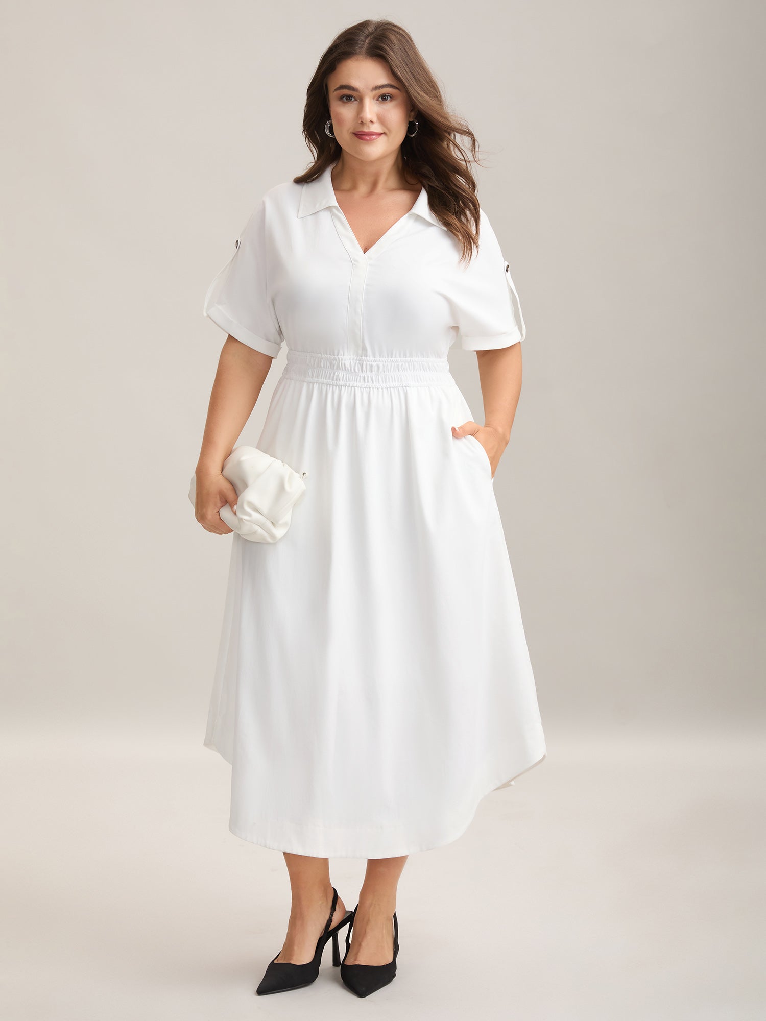 Woven Shirred Waist Solid Collar Midi Dress