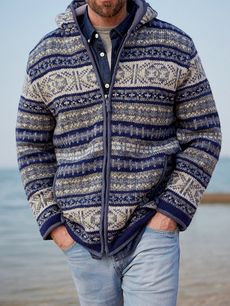 Mens Vintage Fair Isle Knitted Hooded Cardigan