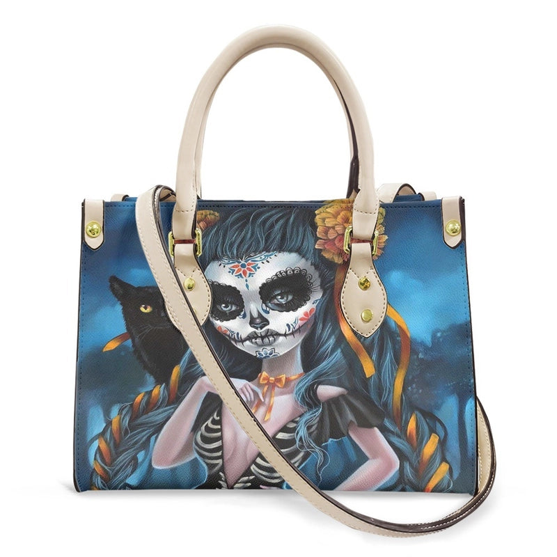 Halloween Women's Medium Pu Leather Human Floral Streetwear Square Hook Loop Customized Tote Bag