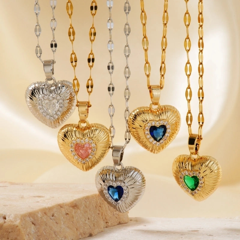 Classic Style Heart Shape 304 Stainless Steel Copper Zircon K Gold Plated Rhodium Plated Inlay Pendant Necklace