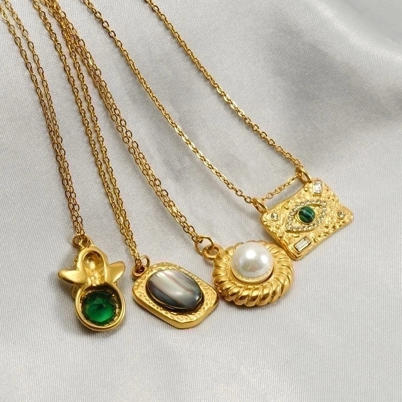 Stainless Steel 18K Gold Plated Retro Plating Inlay Oval Eye Gem Pearl Pendant Necklace Long Necklace