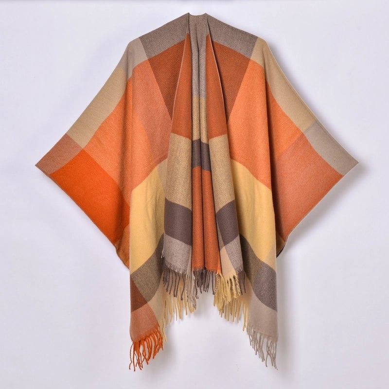 New Tassel Split Shawl Autumn And Winter Women's Simple Plaid Jacquard Scarf Cloak Hot Selling