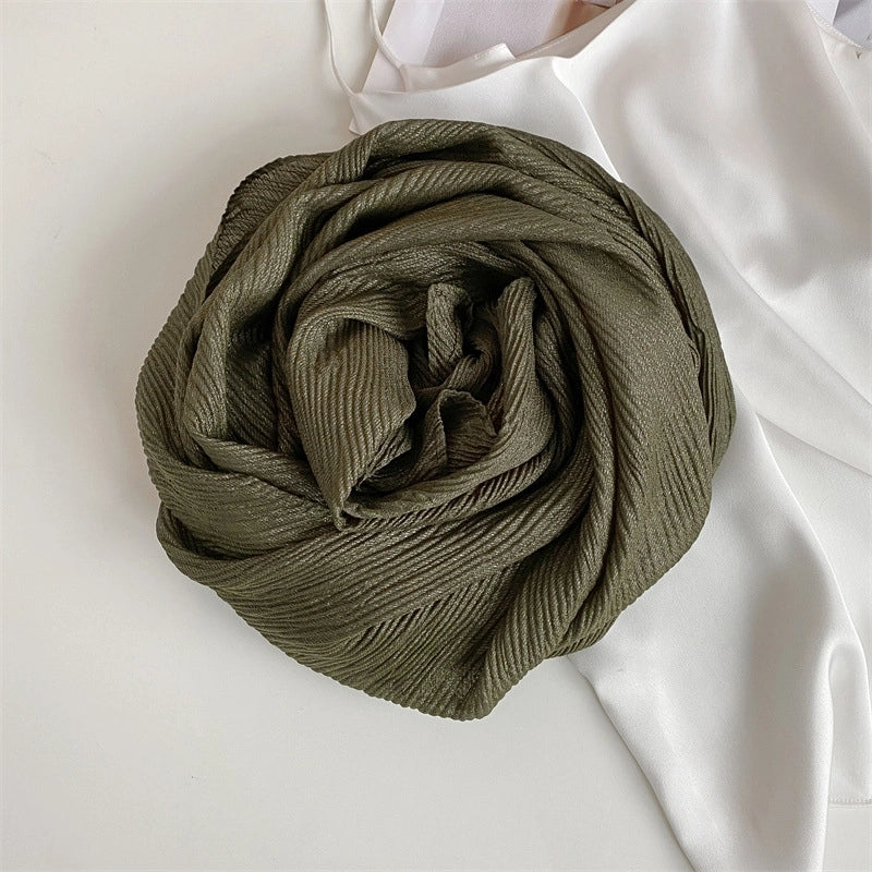 Heavy Bright Silk New Pleated Texture Scarf Women's Autumn And Winter All-Matching Long Solid Color Shawl Dual-Use