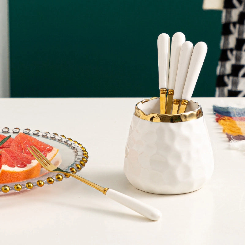 Simple Light Luxury Fruit Fork Spoon Ceramic Storage Cans Set Creative Fruit Sticks Household Stainless Steel Knife Fork Spoon
