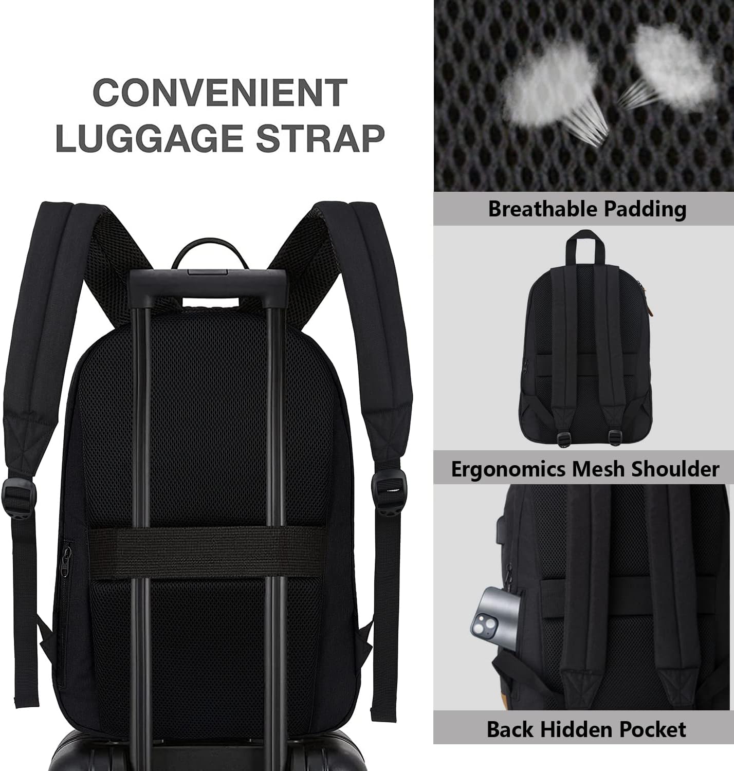 SUPACOOL Casual Laptop Backpack for Men and Women, School Backpack for Boys and Girls, College Bookbag, USB Charging Port, Lightweight Back Pack(Black)