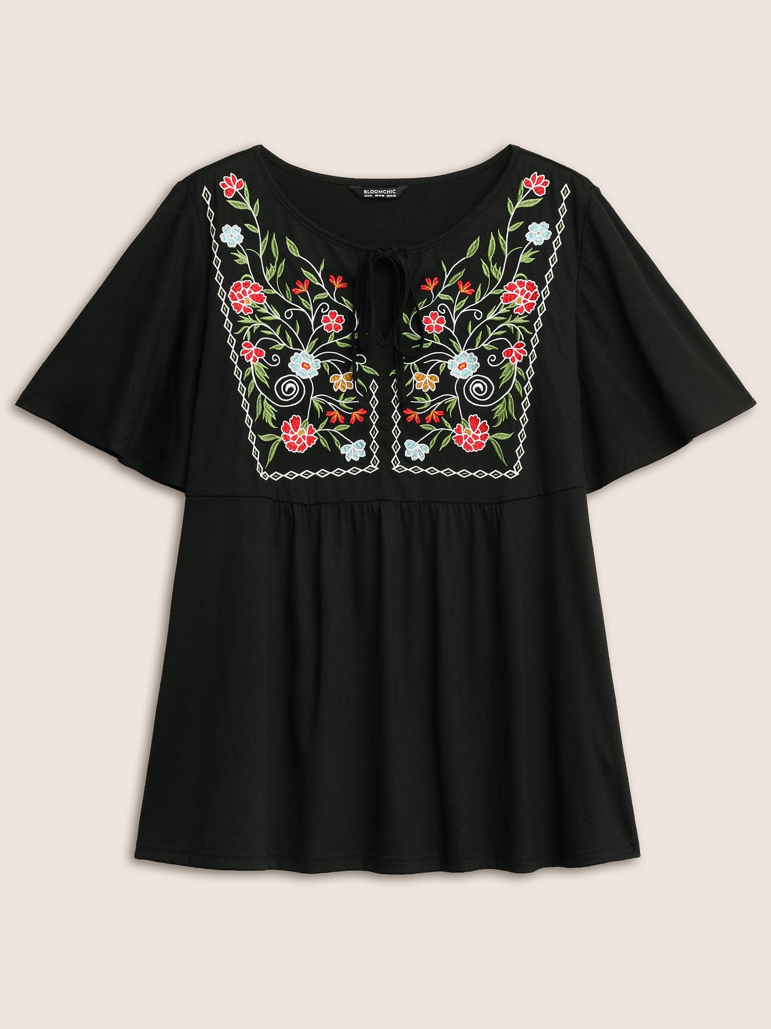 Floral Embroidered Tie Knot Gathered T-shirt