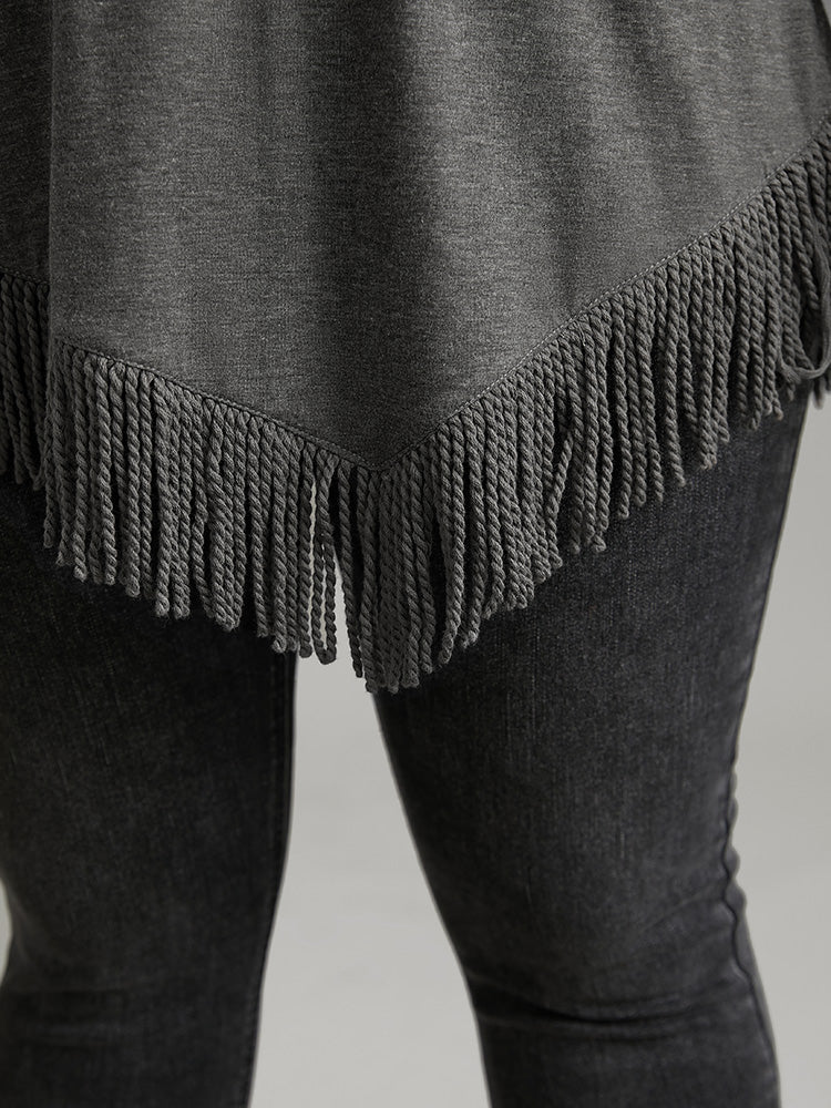 Plain Tassels Trim Hem Long Sleeve T-shirt