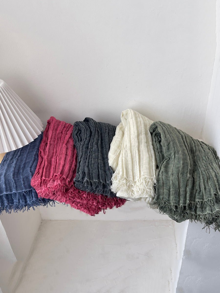Women Vintage Shirred Pure Color Tassel Shawl Scarf
