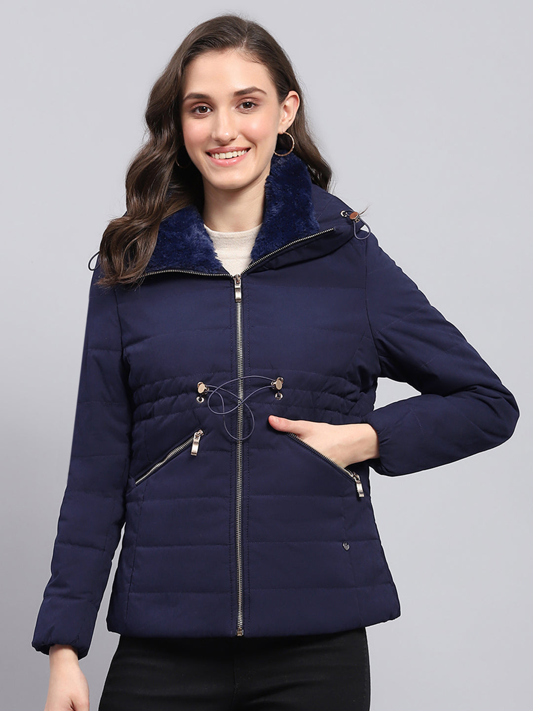 Women Navy Blue Solid Hooded Full Sleeve Jacket