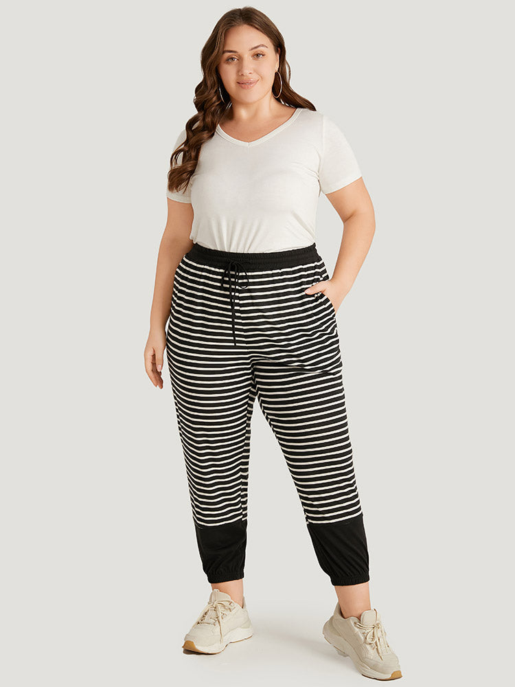 Striped Patchwork Elastic Waist Pocket Ties Sweatpants