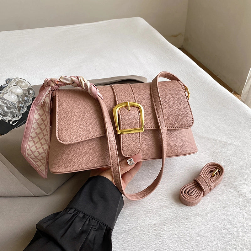 Women's Medium Pu Leather Solid Color Classic Style Sewing Thread Square Magnetic Buckle Shoulder Bag