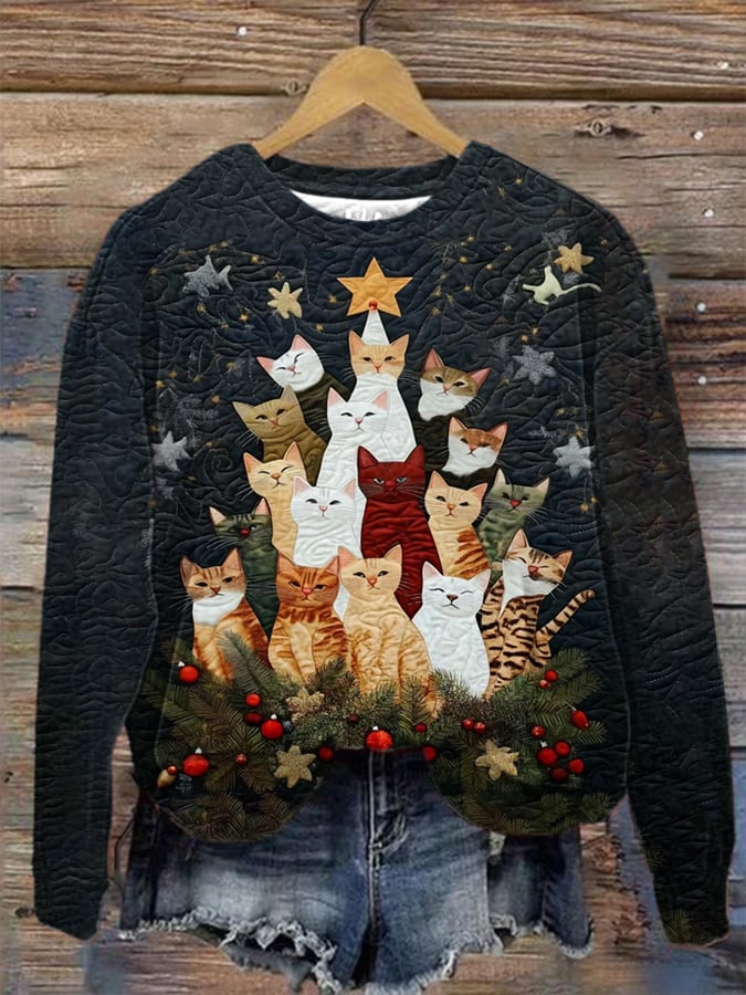 Women's Merry  Christmas Cat Christmas Tree Print Casual Sweatshirt