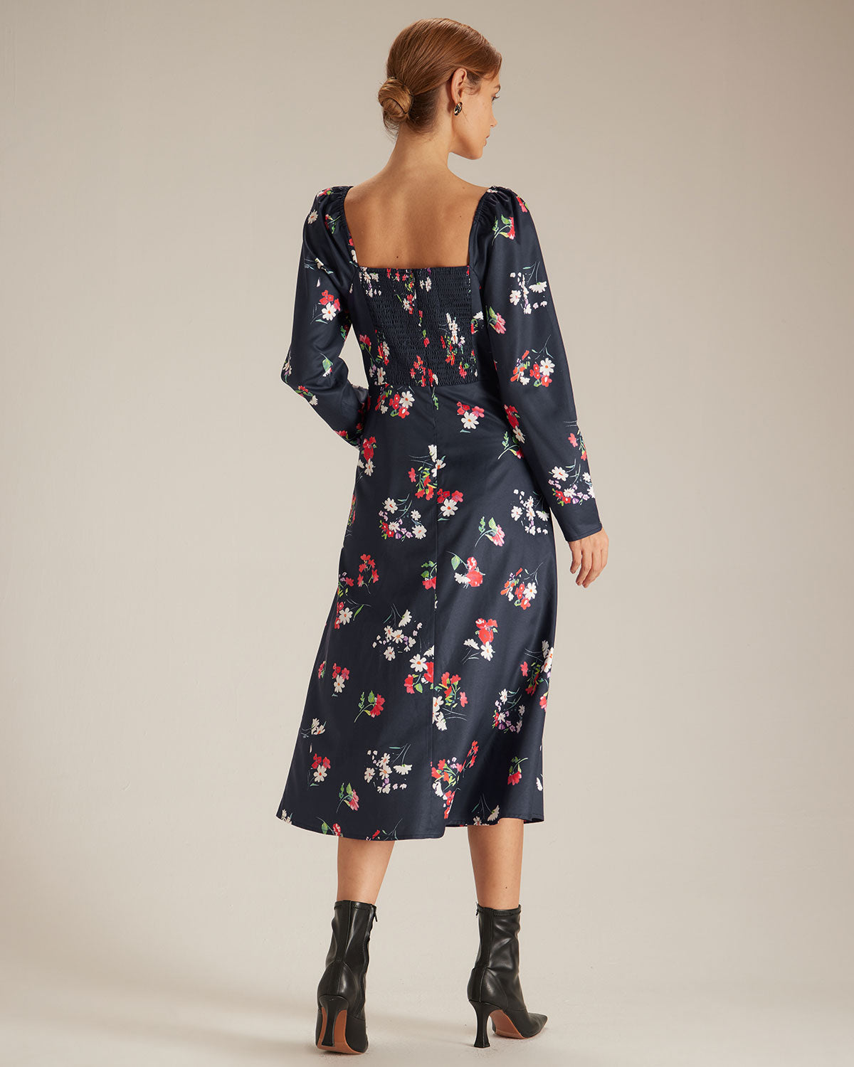 The Navy Square Neck Floral Shirred Midi Dress