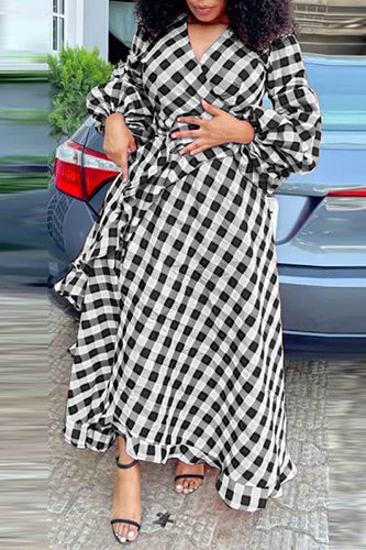 Vintage Lantern Sleeve Plaid Maxi Dresses