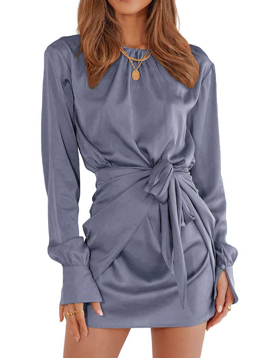 Long Sleeve Round Neck Tie Dress