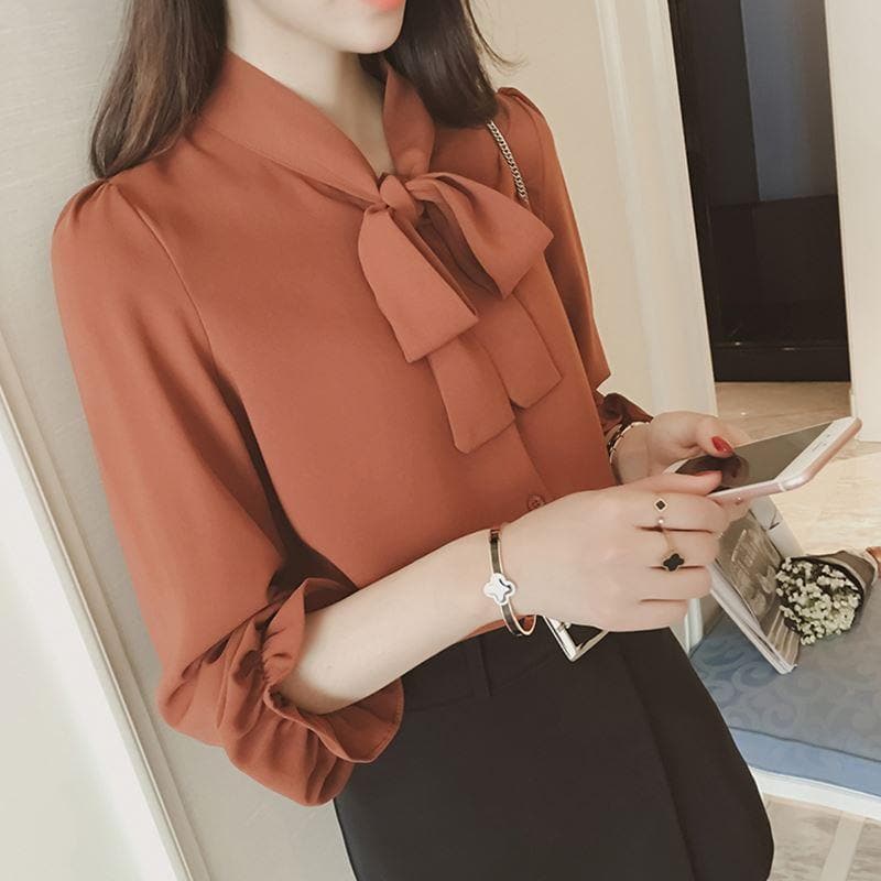 Button-Down Tie-Neck Blouse