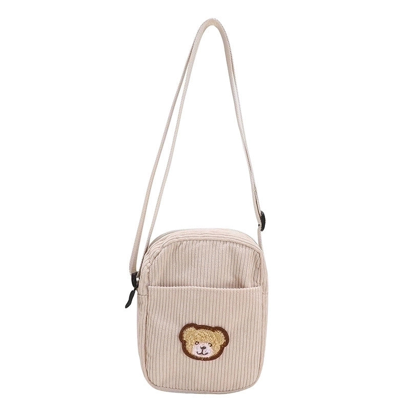 Women's Small Corduroy Bear Cute Streetwear Square Zipper Crossbody Bag