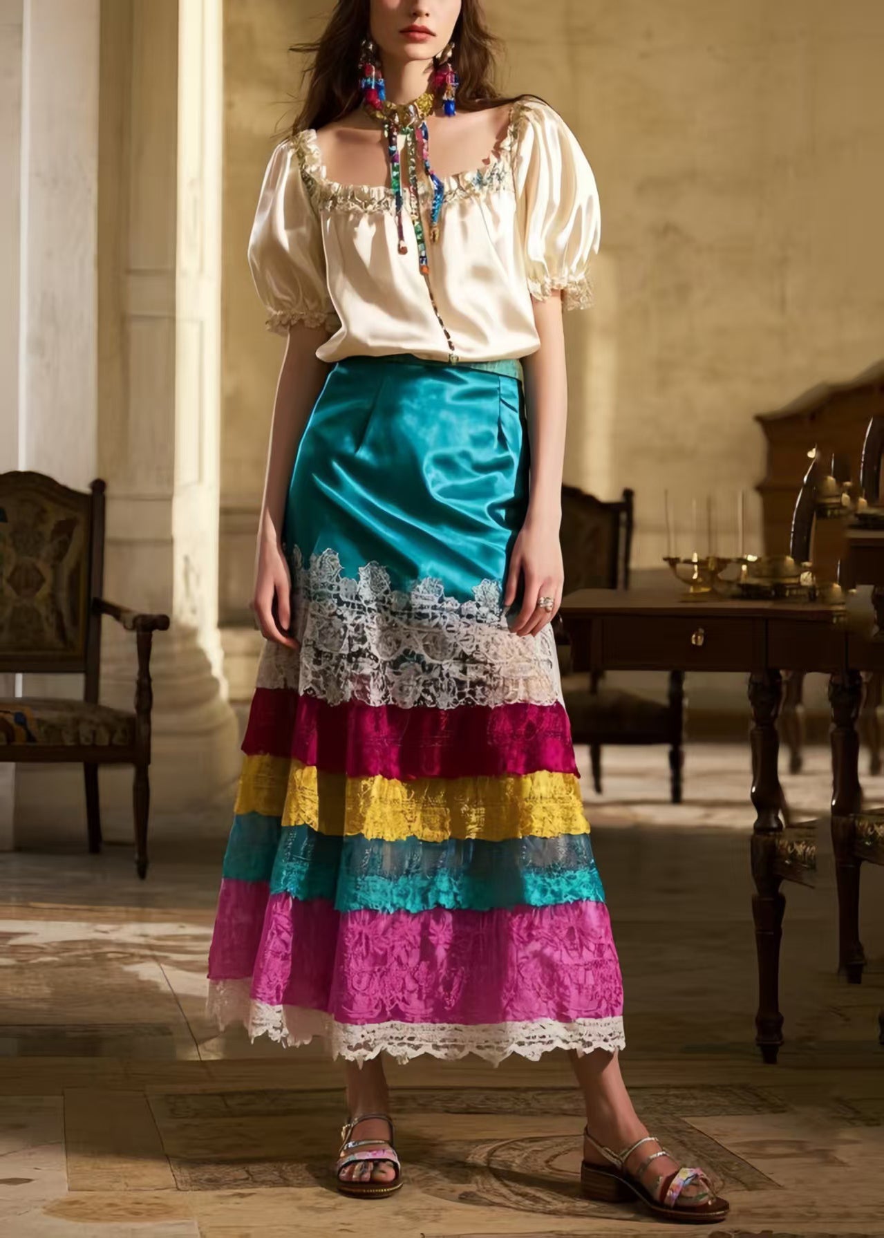 National Style Peacock Blue Patchwork Lace A Line Skirt