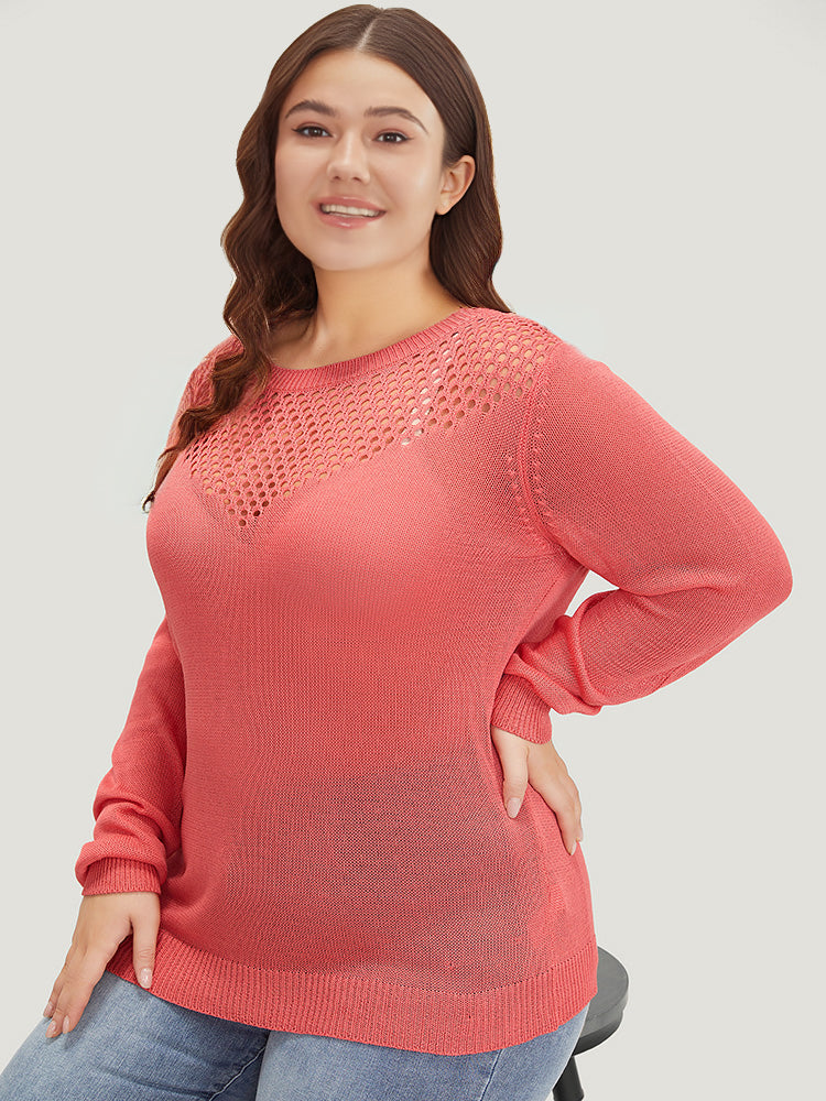 Plain Patchwork Cut Out Round Neck Pullover