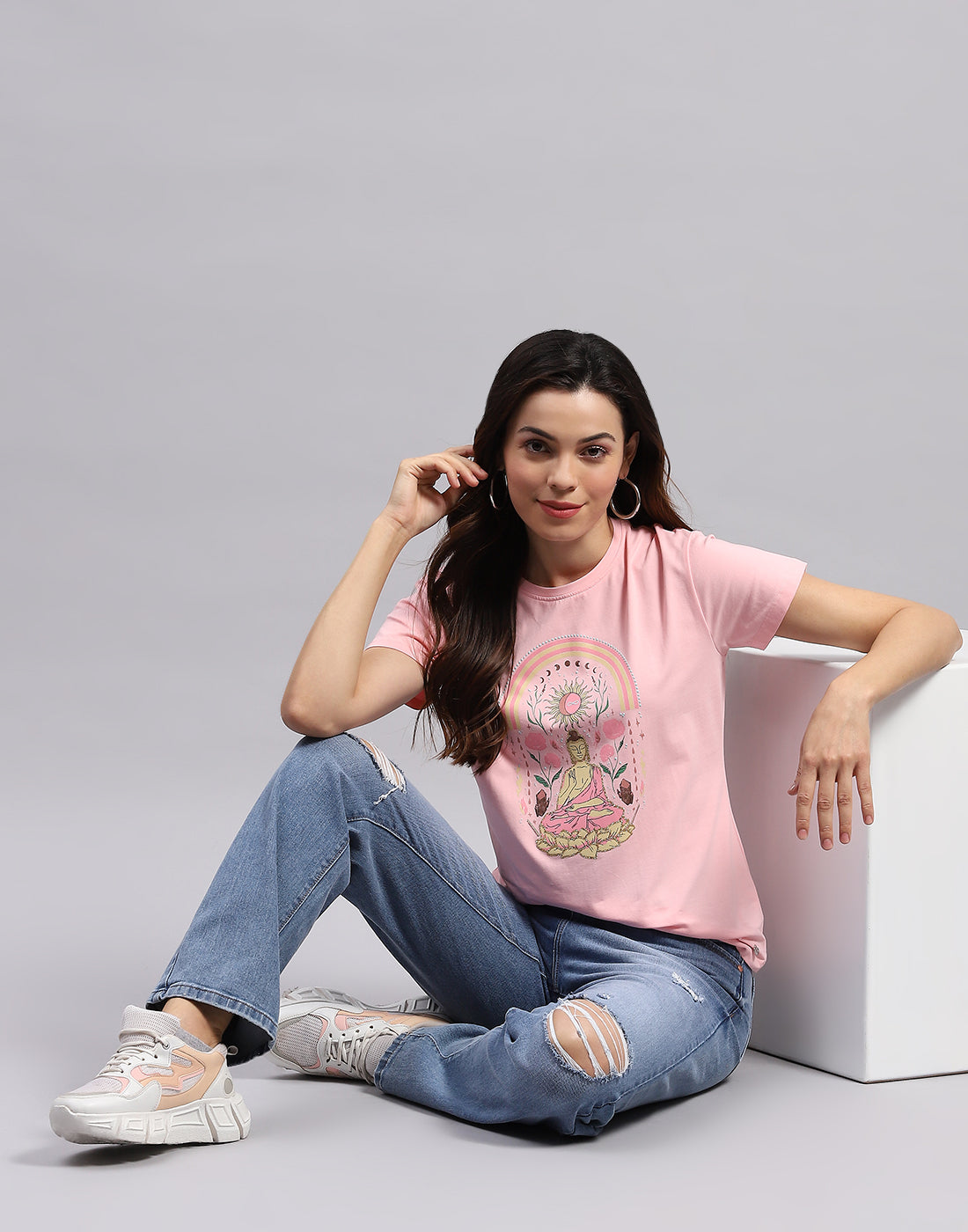 Women Pink Printed Round Neck Half Sleeve Top