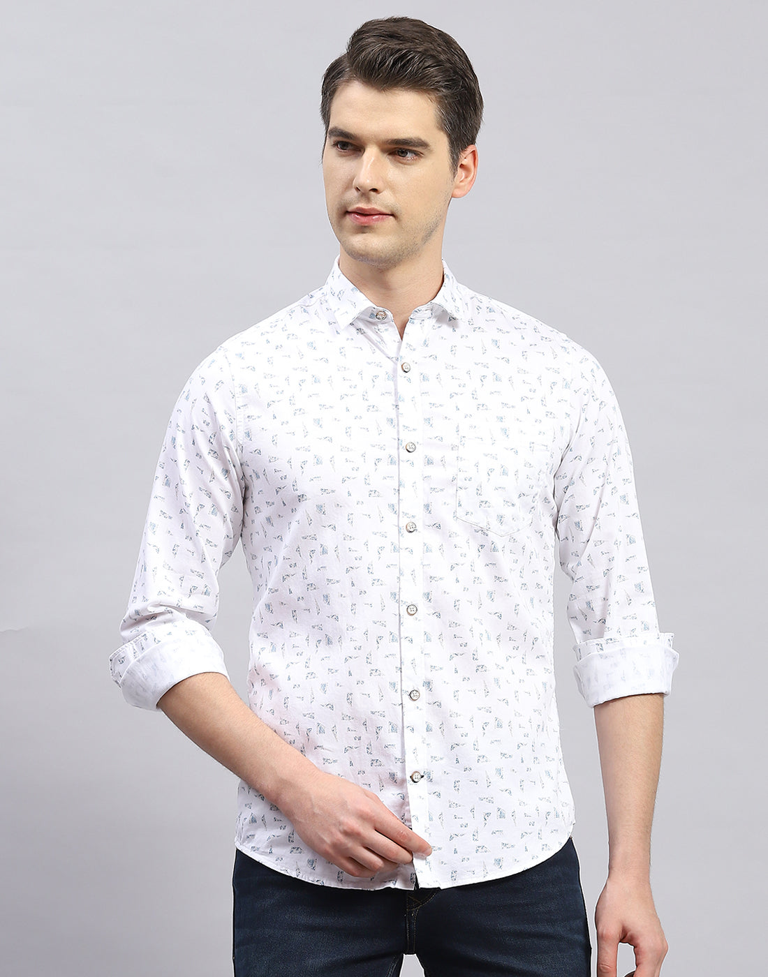 Men White Printed Collar Full Sleeve Shirt