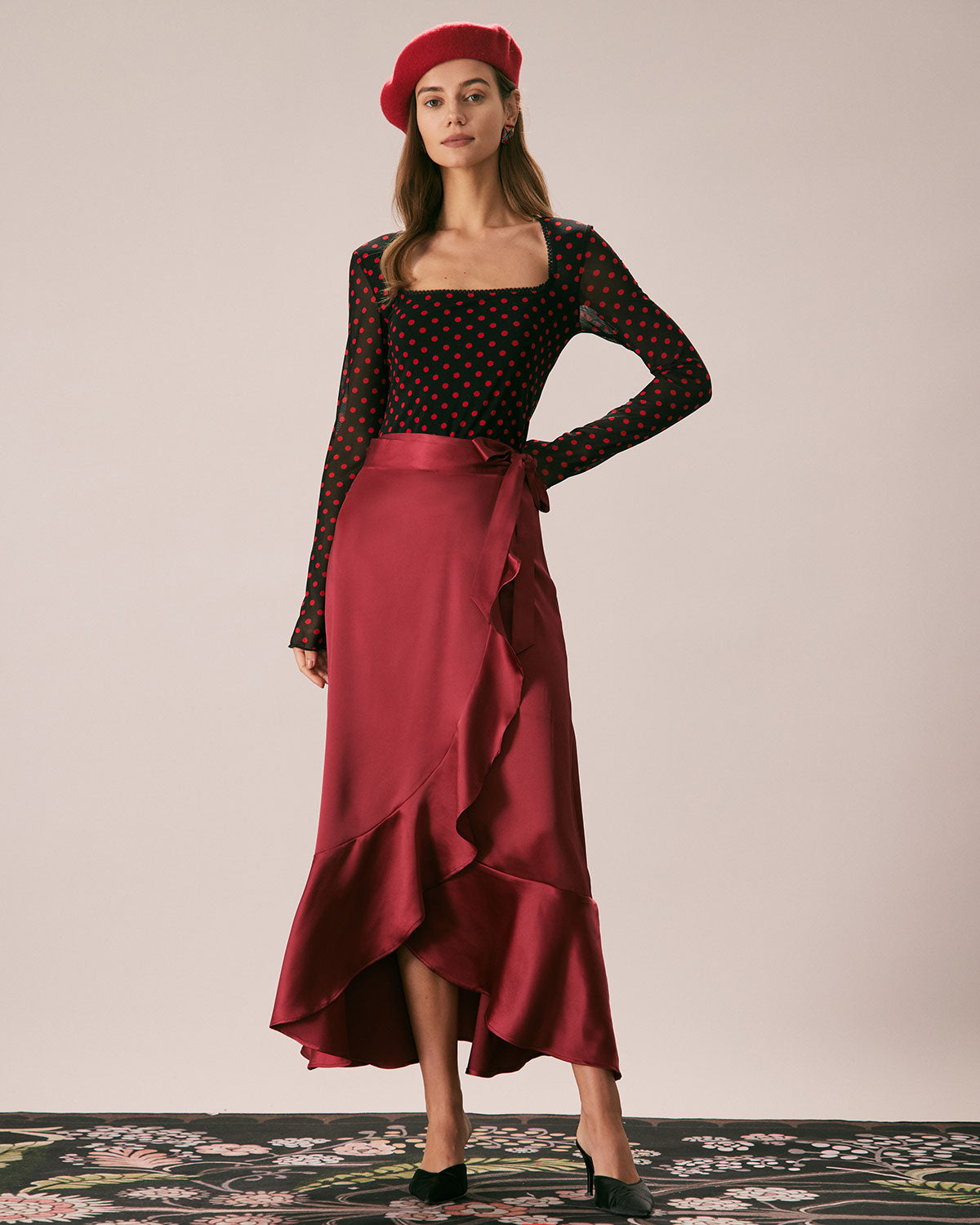 The Wine Red Drawstring Ruffle Satin Midi Skirt