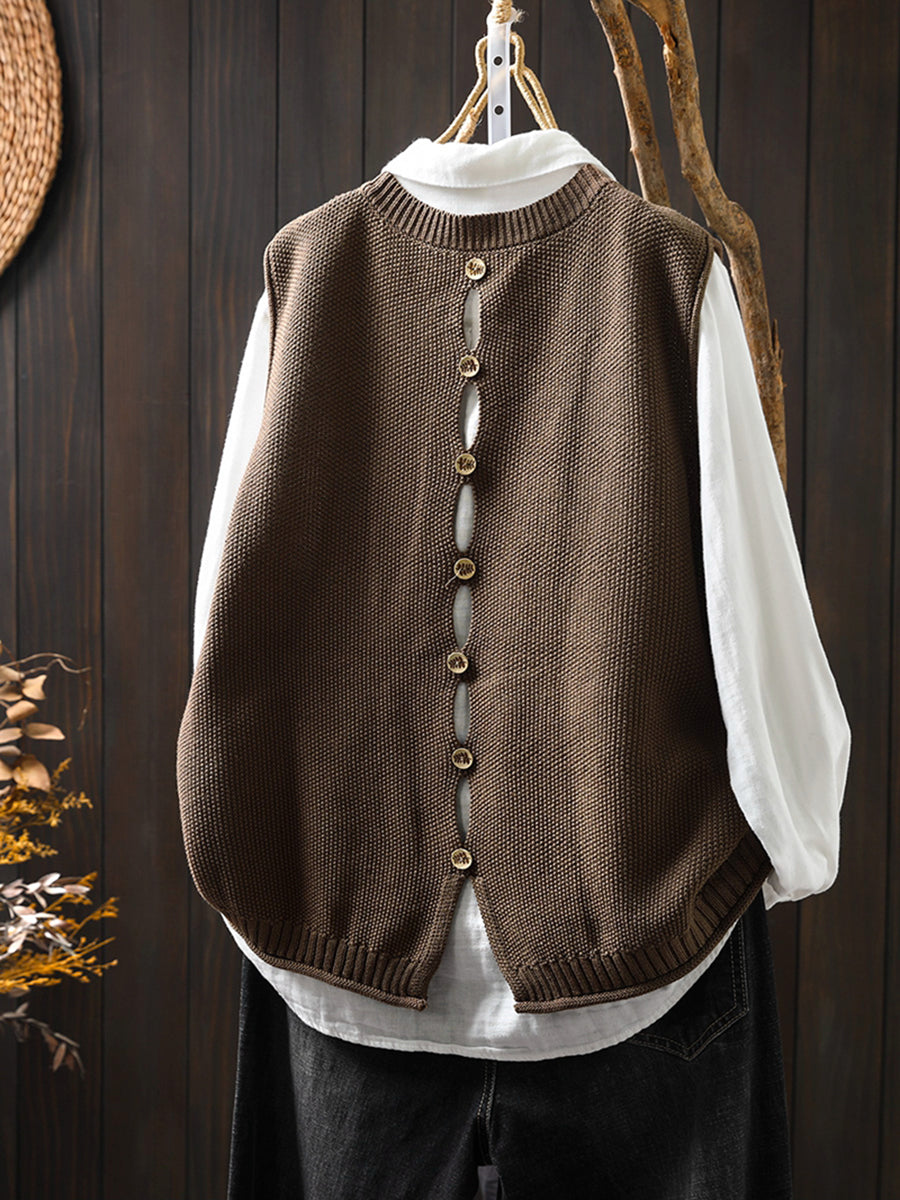 Women Vintage Pure Color Button Knit Vest