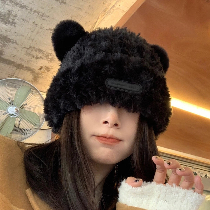 Cute Bear Fluffy Hat Winter New Women's Warm Thickened Ear Protection Hat Big Head Wai Knitted Wool Hat