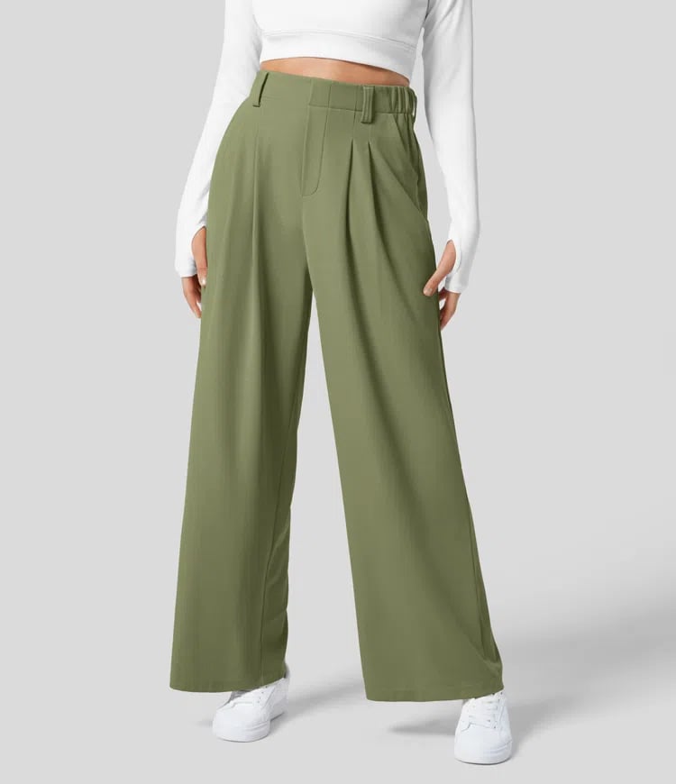 High Waisted Plicated Side Pocket Wide Leg Waffle Work Pants