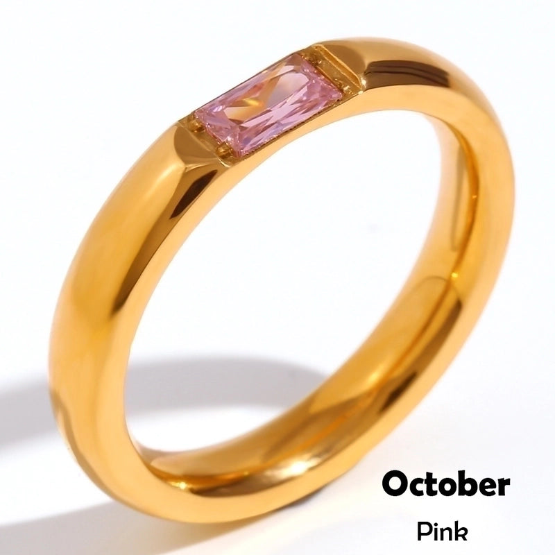 Fashion Rectangle 304 Stainless Steel Birthstone Zircon 18K Gold Plated Plating Rings