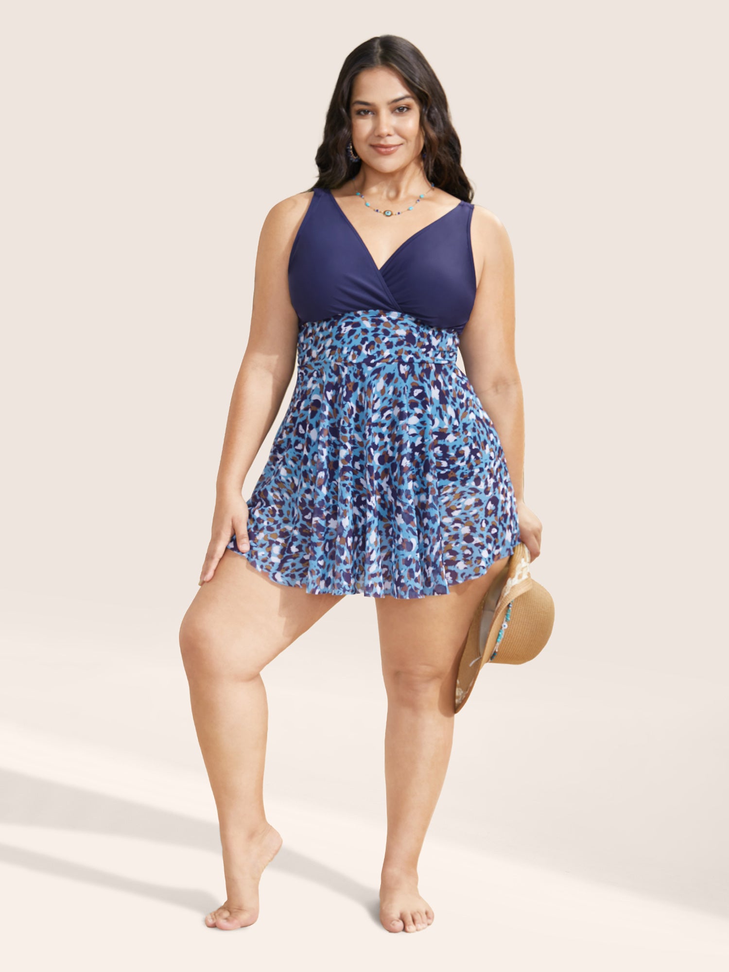 V Neck Leopard Print Patchwork Swim Dress