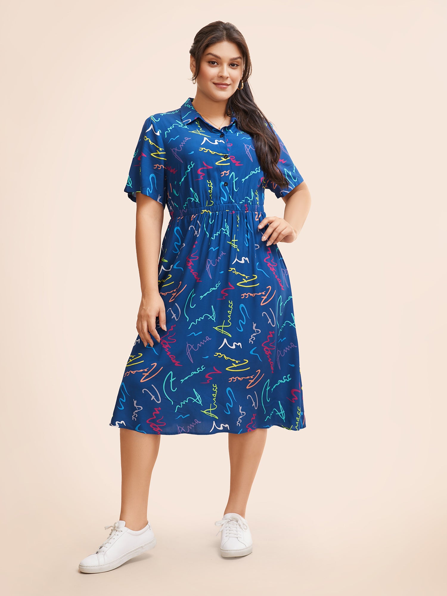 Scribble Print Elastic Waist Midi Shirt Dress