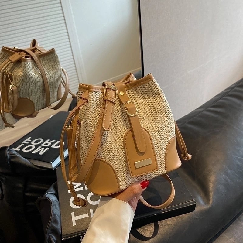 Women's Medium Pu Leather Straw Color Block Streetwear Bucket String Crossbody Bag