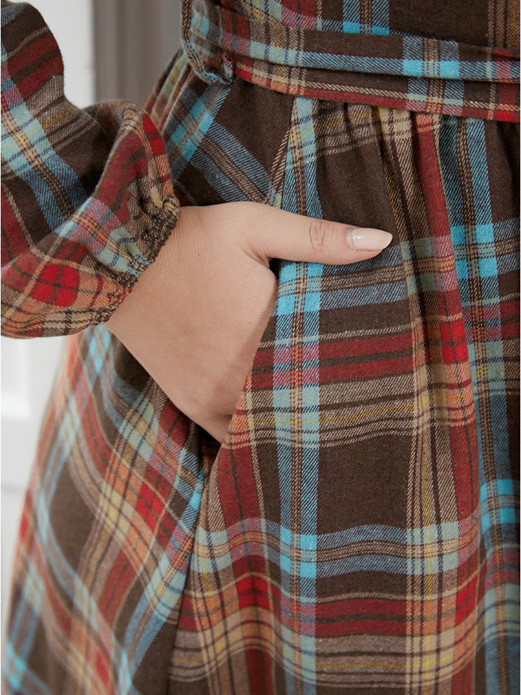 Plaid Button Detail Pocket Belted Arc Hem Dress